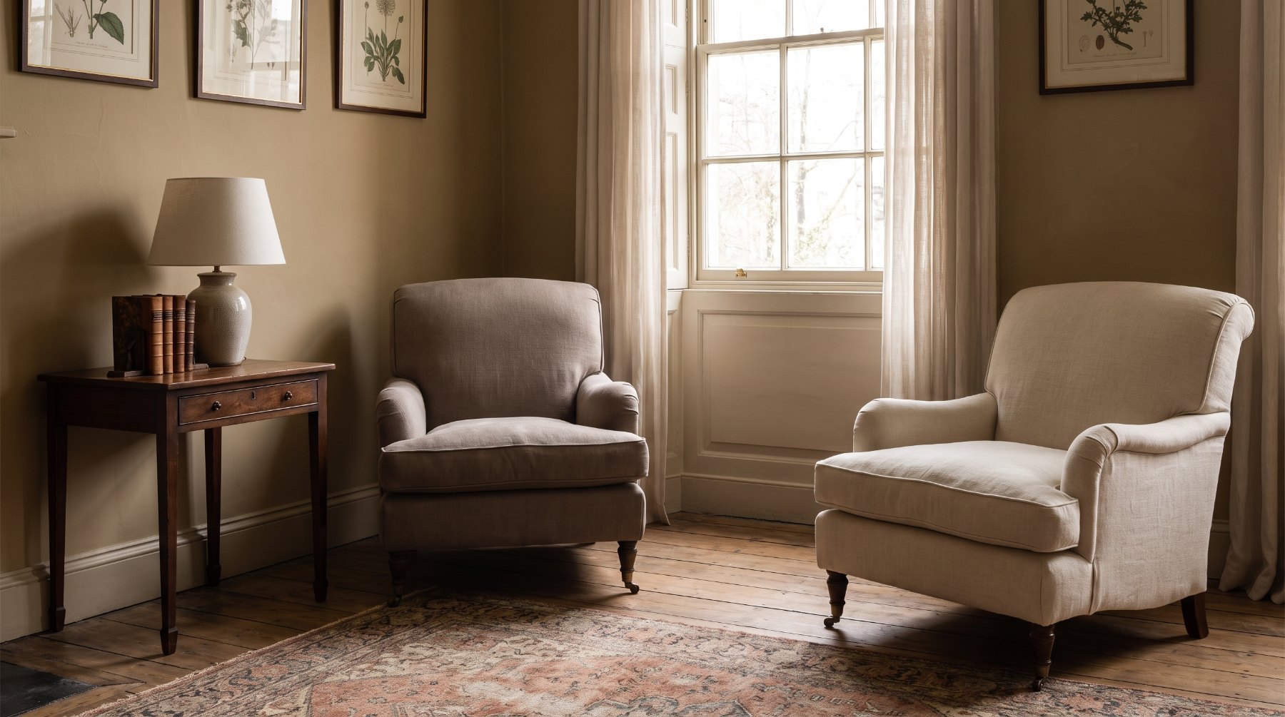 Two armchairs facing each other by a tall window