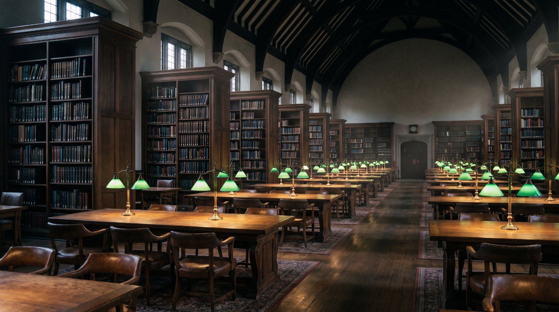 Empty library reading room with brass lamps