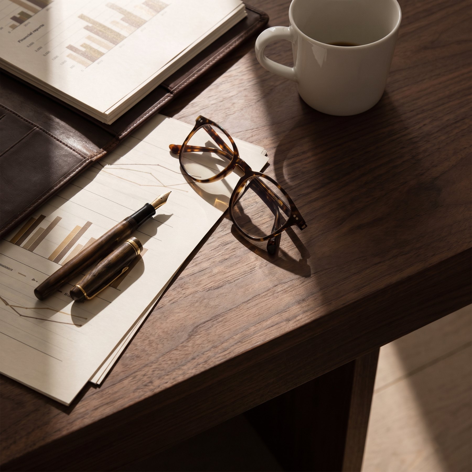 Portfolio reports, a fountain pen and reading glasses on a walnut desk