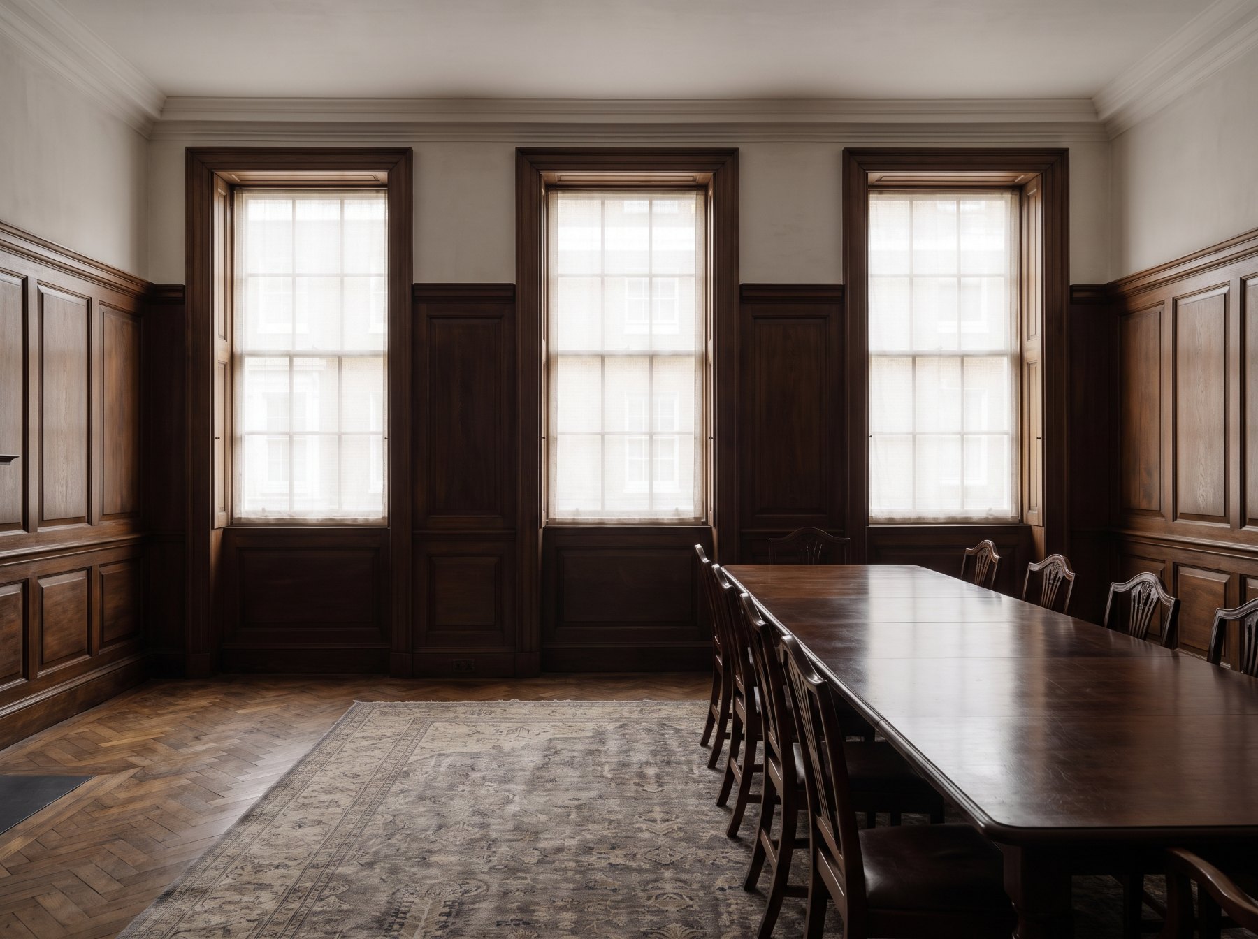 Empty panelled meeting room with tall sash windows